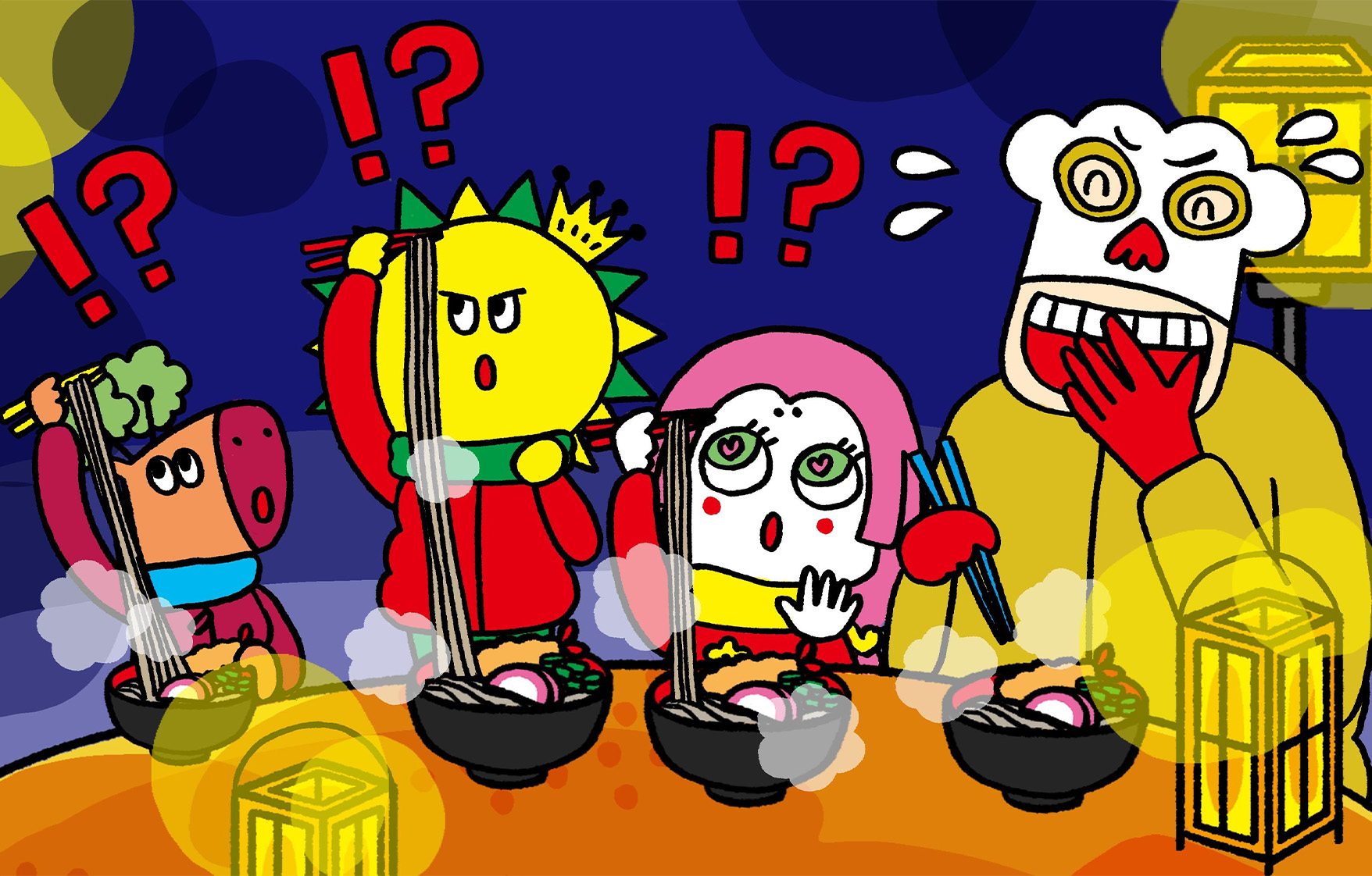 ながい蕎麦が入っていて驚く様子の子たち。コック－は笑っている。