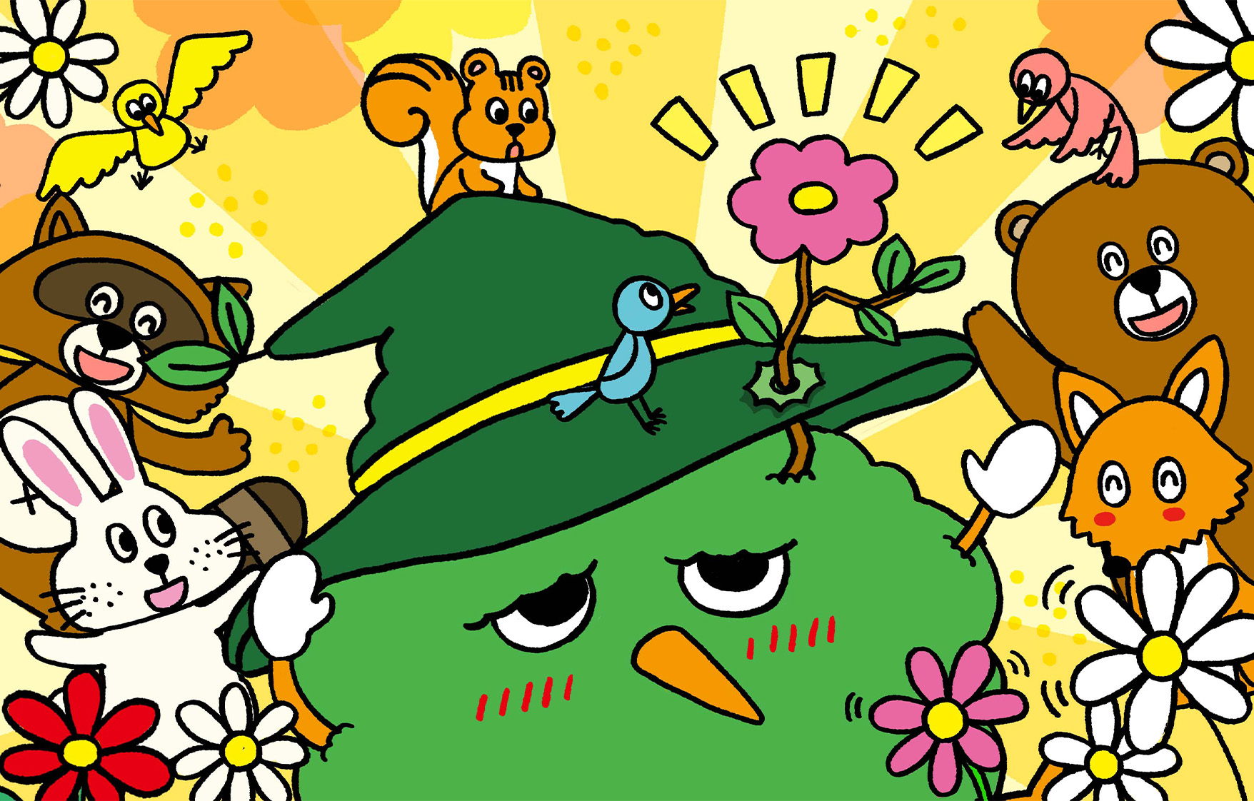 杖が当たったところから、お花が咲いて、動物や鳥たちが驚いたり笑ったり。ウィザーも元気が出た！